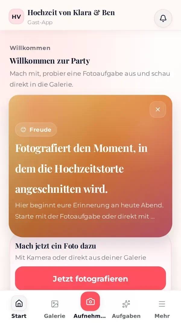 Einstieg in der Fotospiel-Gäste-App: echte Demo-Oberfläche, keine reale Feier.