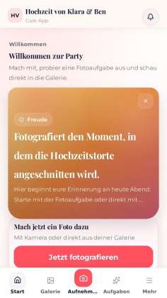 Einstieg in der Fotospiel-Gäste-App: echte Demo-Oberfläche, keine reale Feier.