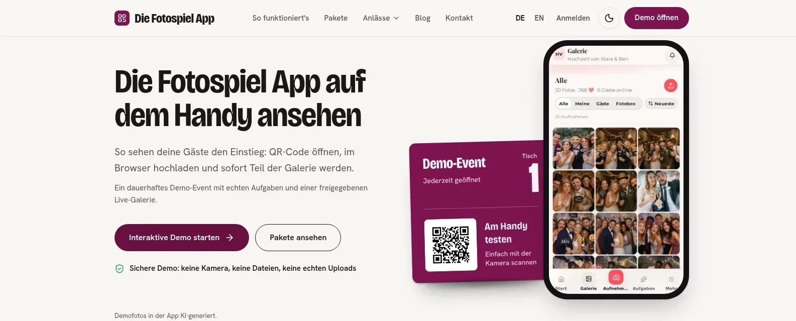 Die Fotospiel App: Gästefotos eurer Feier per QR-Code sammeln